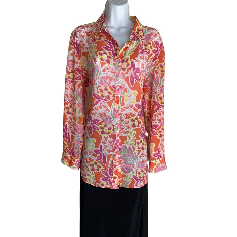 Chaps Women's Plus Size 1X Floral Boho Artsy Classy Sheer Summer Button Blouse